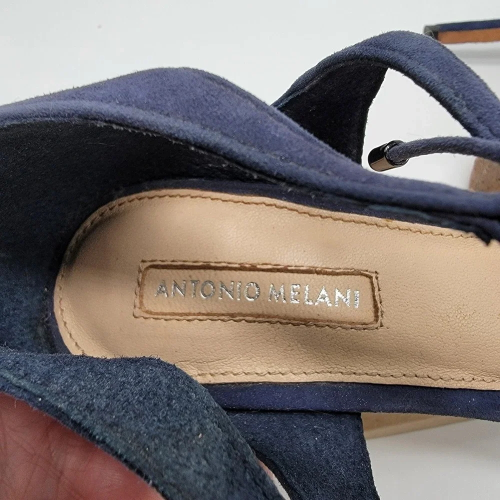 Antonio Melani Navy Blue Suede Sandals Women's Sz 6.5 Leather Sole Sexy Heels